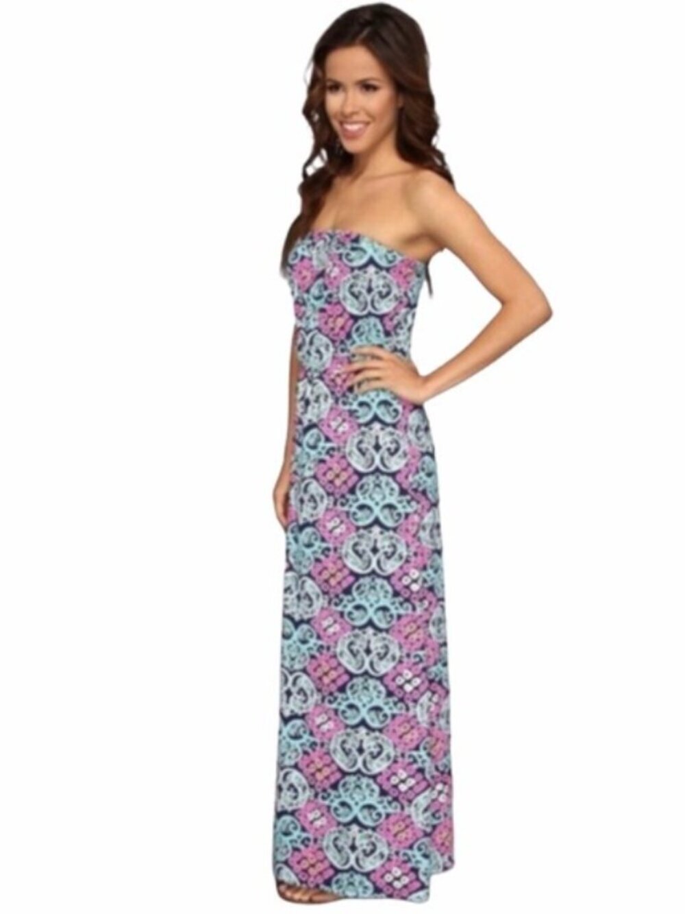 Lilly Pulitzer Marlisa Strapless Maxi Dress Pink Navy Blue Sz XS